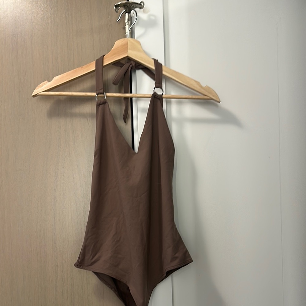 Dynamite Brown Backless Bodysuit with Cut Out Design